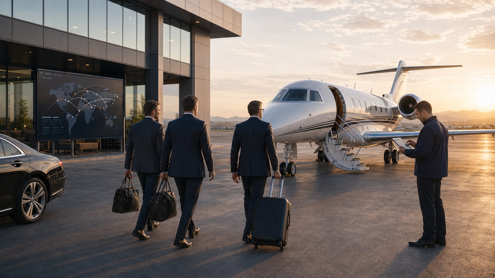 Male business travelers boarding a private jet for a multi-city business trip