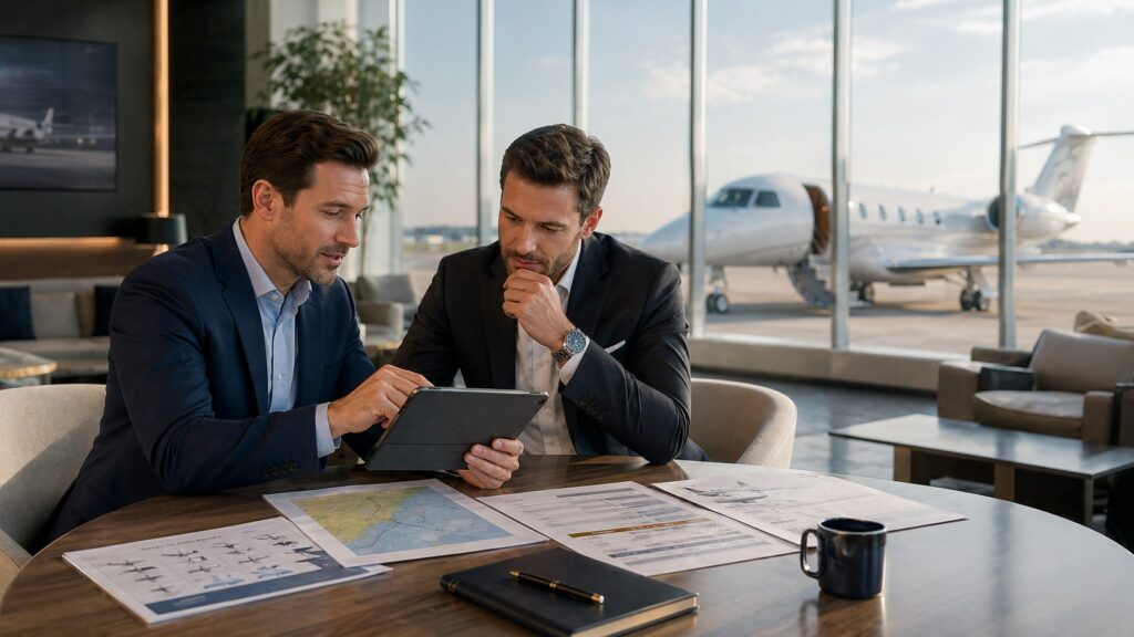 Male executives reviewing a private jet charter quote in a private terminal