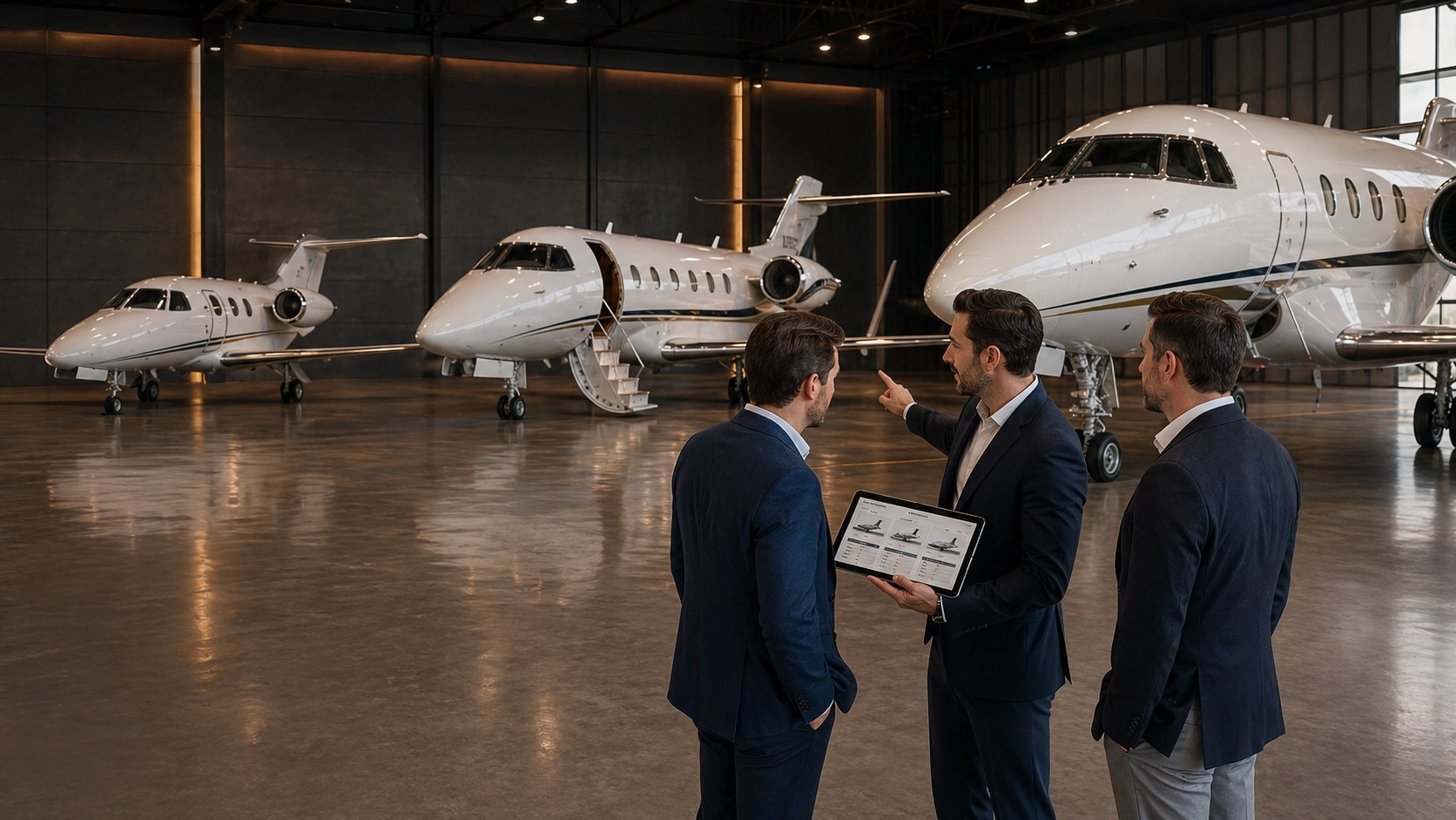 Male executives comparing private jet aircraft categories before choosing a charter option