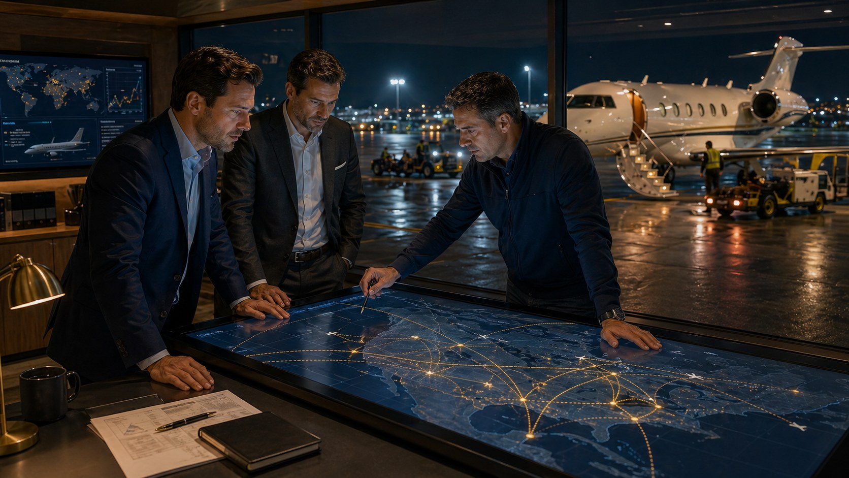 Male executives reviewing a private jet route plan and aircraft positioning details
