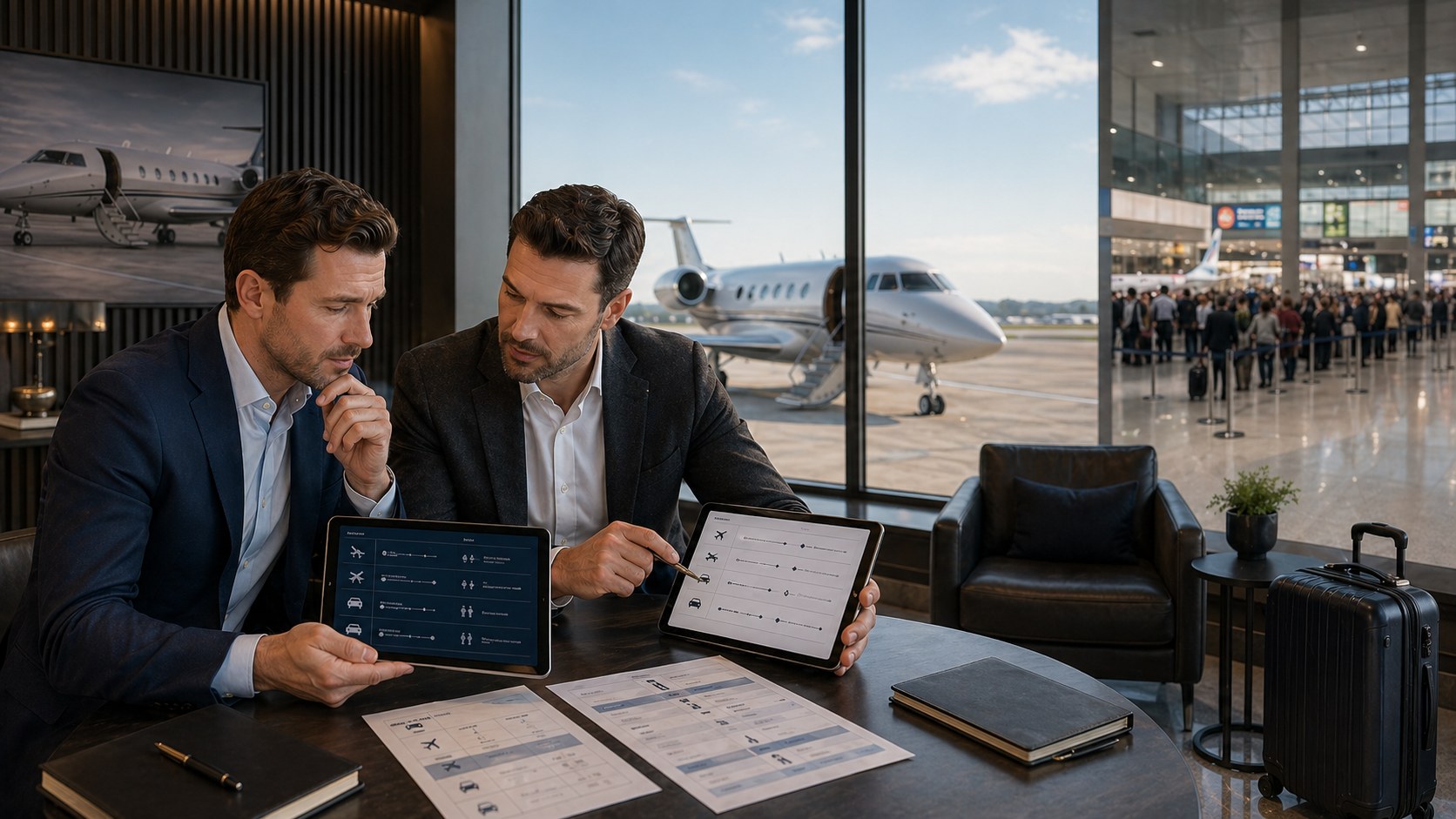 Male executives comparing private jet charter value with commercial first class travel