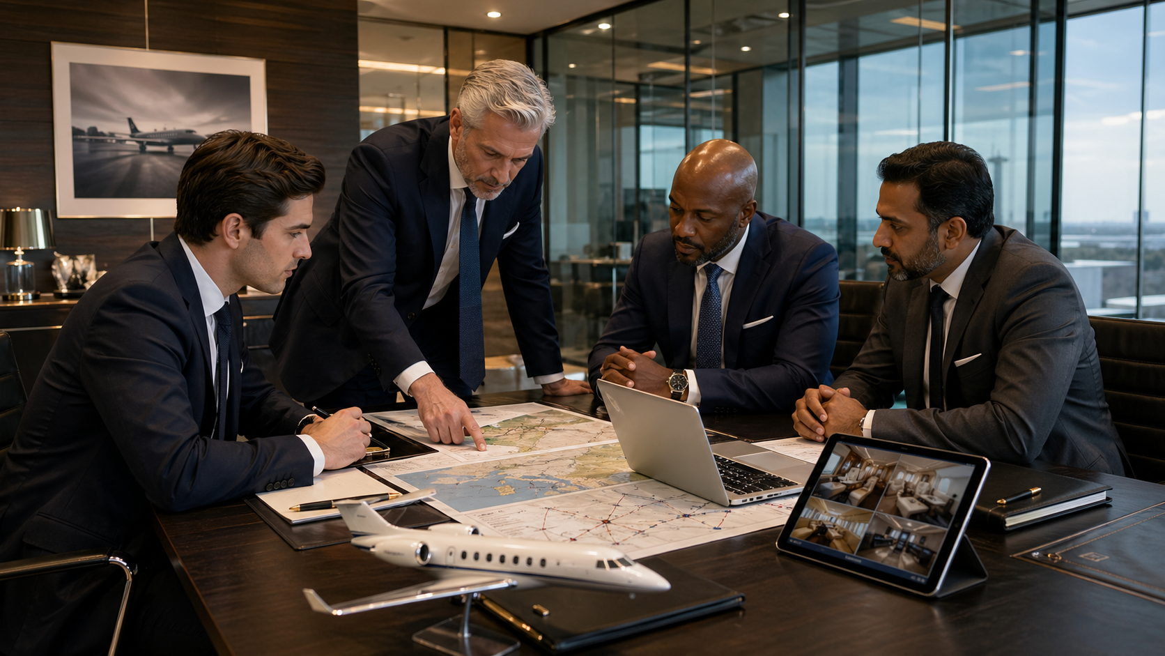 Four male JetMaster private aviation brokers reviewing aircraft options in an executive office