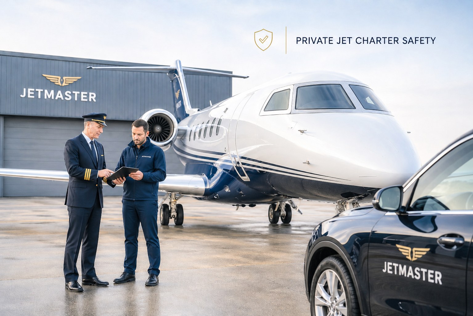 Private jet charter safety planning conversation with aircraft in background