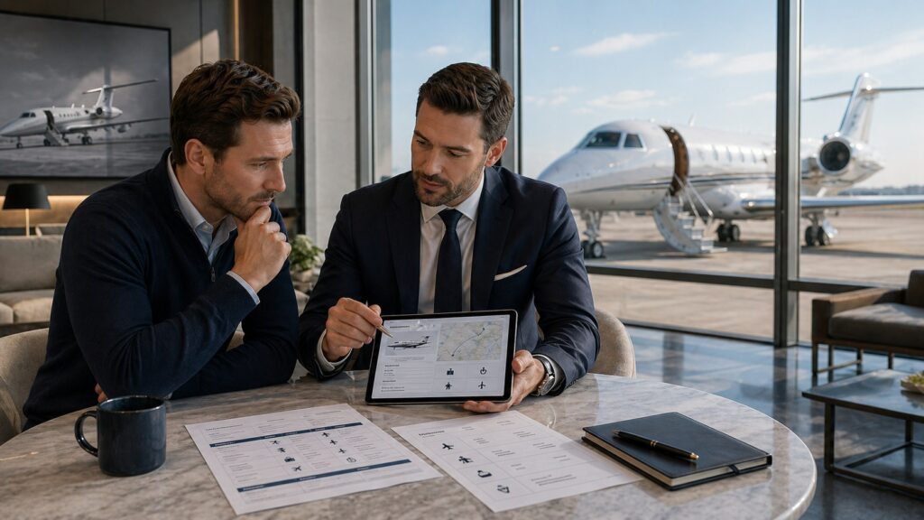 Male founder and aviation advisor reviewing route and schedule details before renting a private jet