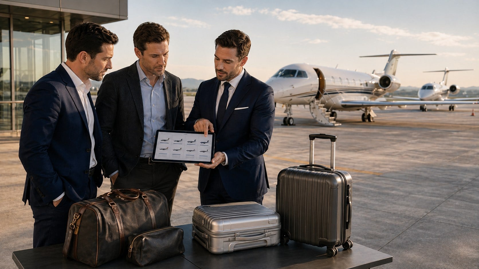 Male executives choosing the right aircraft category for a private jet rental