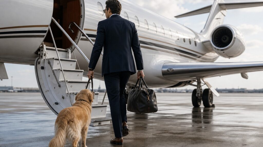 Businessman boarding a private jet with a calm golden retriever