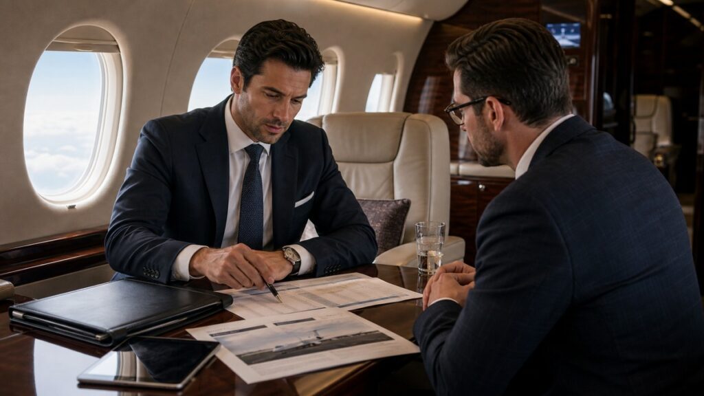 Two businessmen comparing private jet charter rate paperwork in the cabin