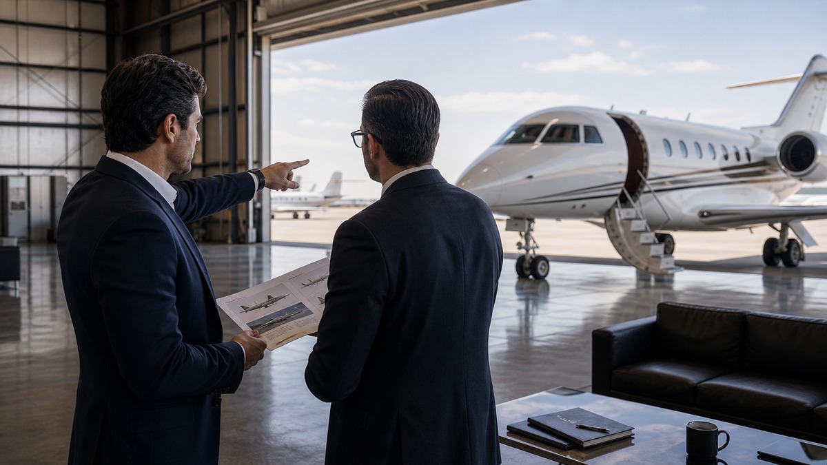 Two businessmen discussing aircraft options and charter economics in a hangar