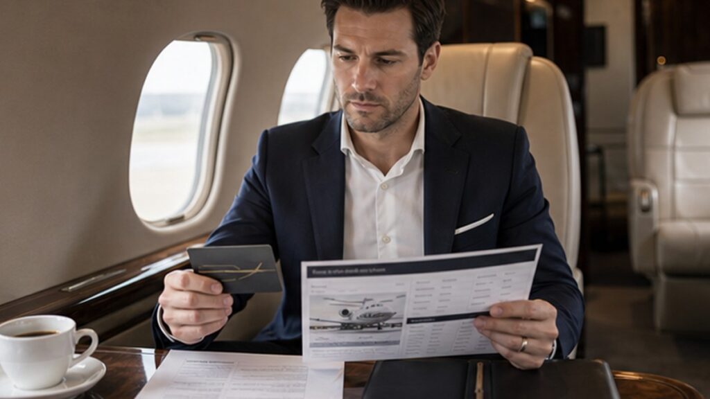 Male executive comparing jet card and charter documents in a cabin