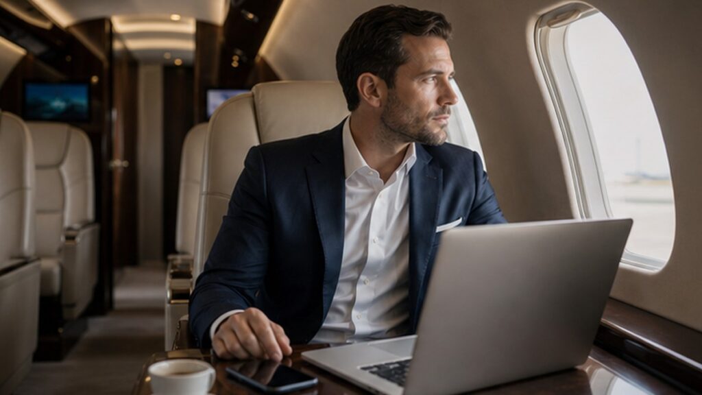 Male executive in a quiet private jet cabin prepared for work