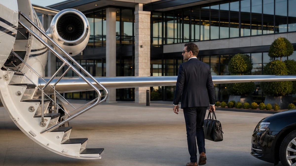 Private jet stairs beside a calm FBO entrance