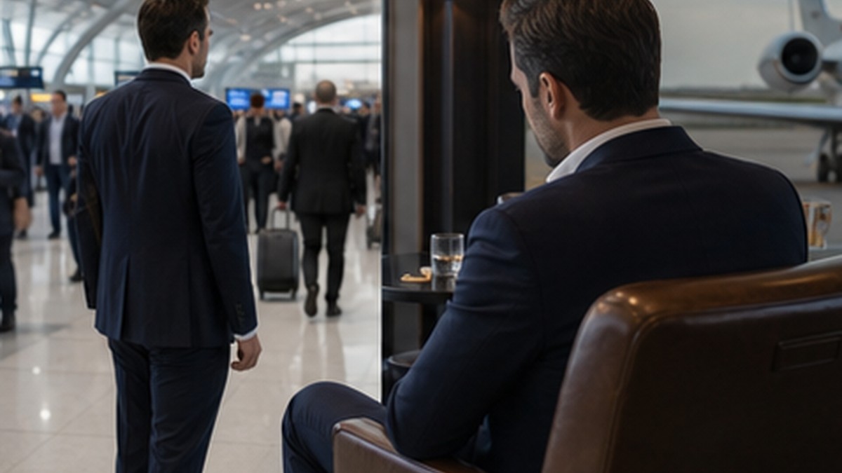 Business traveler comparing private aviation lounge with airline terminal friction