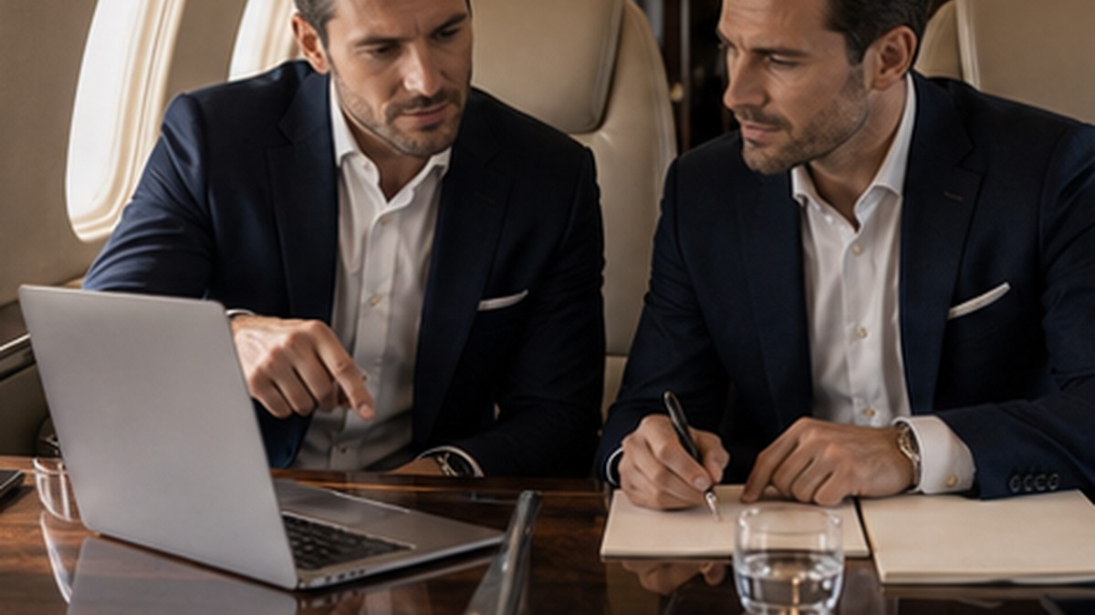 Two male executives working productively at a private jet cabin table