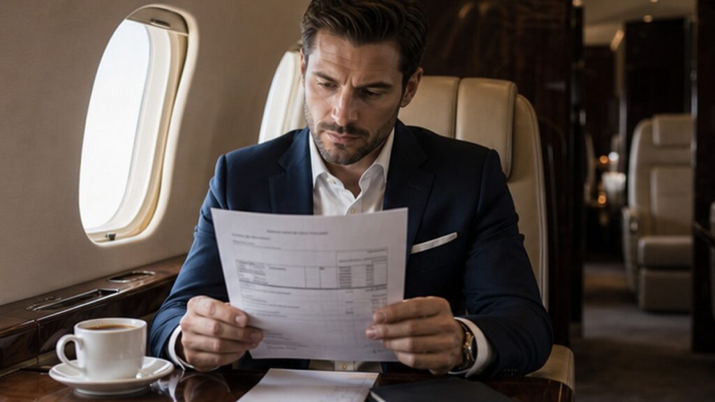 Male executive reviewing private jet fuel surcharge line items