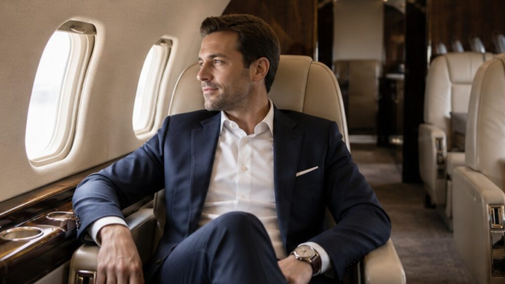 Male executive seated comfortably in a light jet cabin