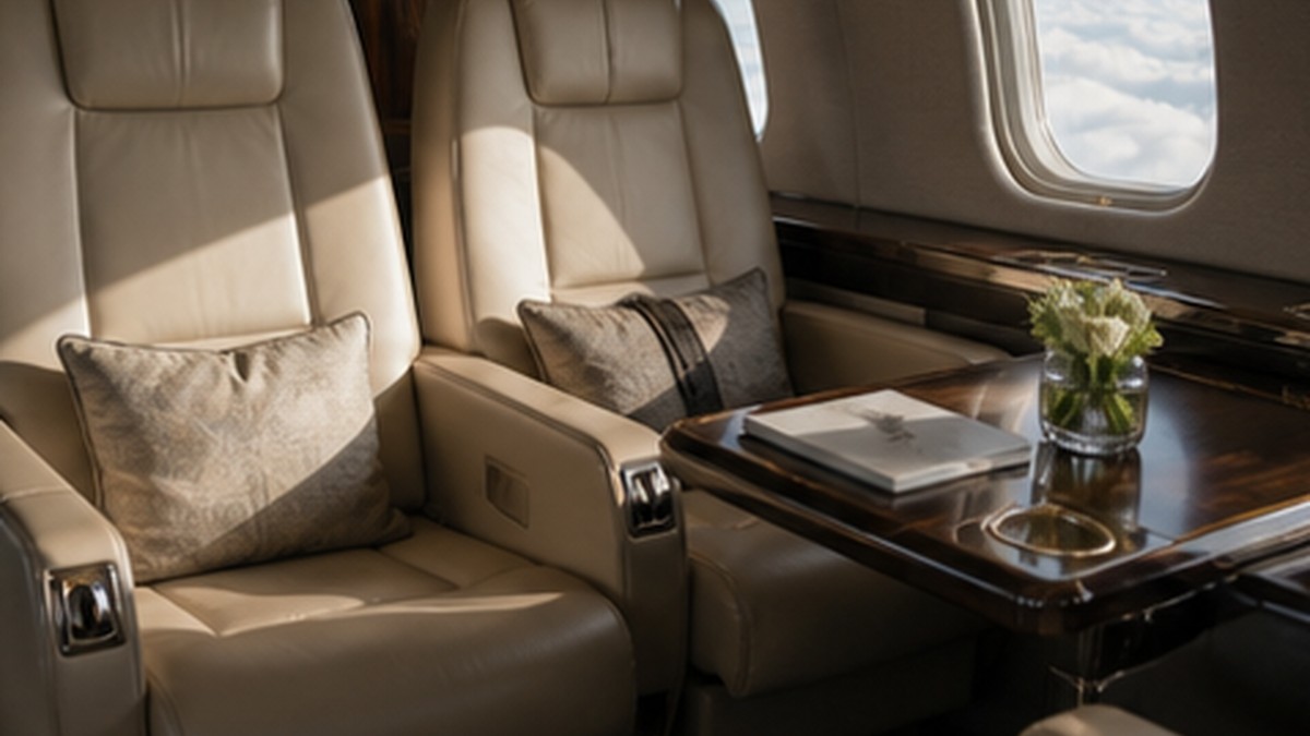 Private jet seating area with table and window for cabin size comparison