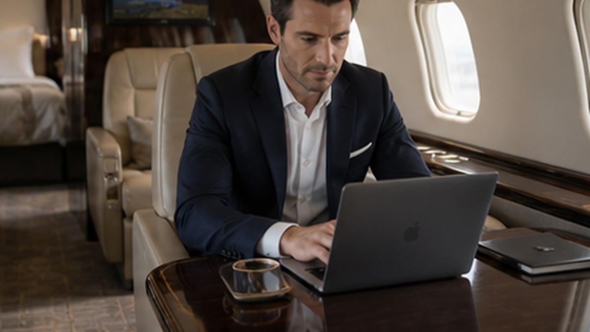 Executive working in a larger private jet cabin with more space