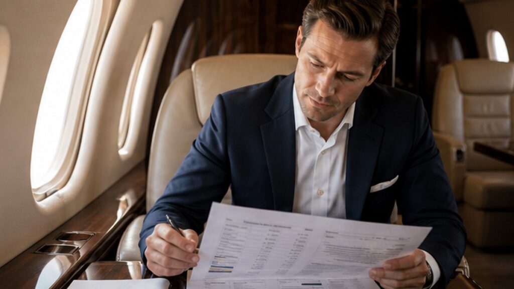 Male executive reviewing private jet billable flight hour calculations