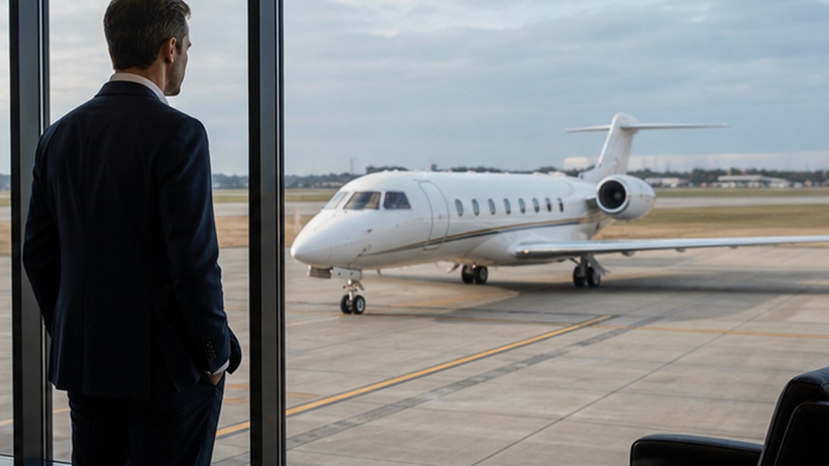 Private jet taxiing while an executive watches from the FBO
