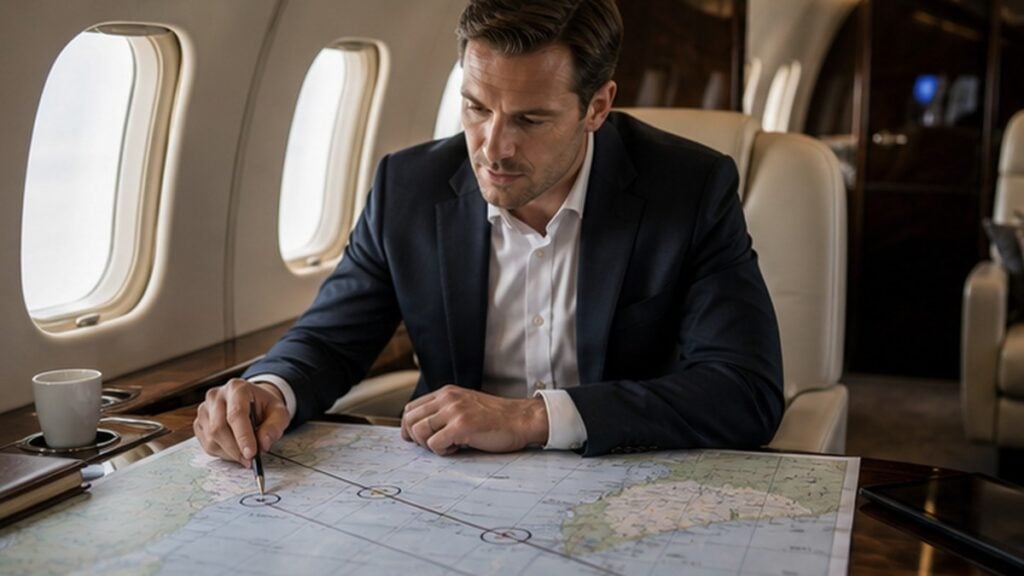 Male executive comparing private jet route options in the cabin