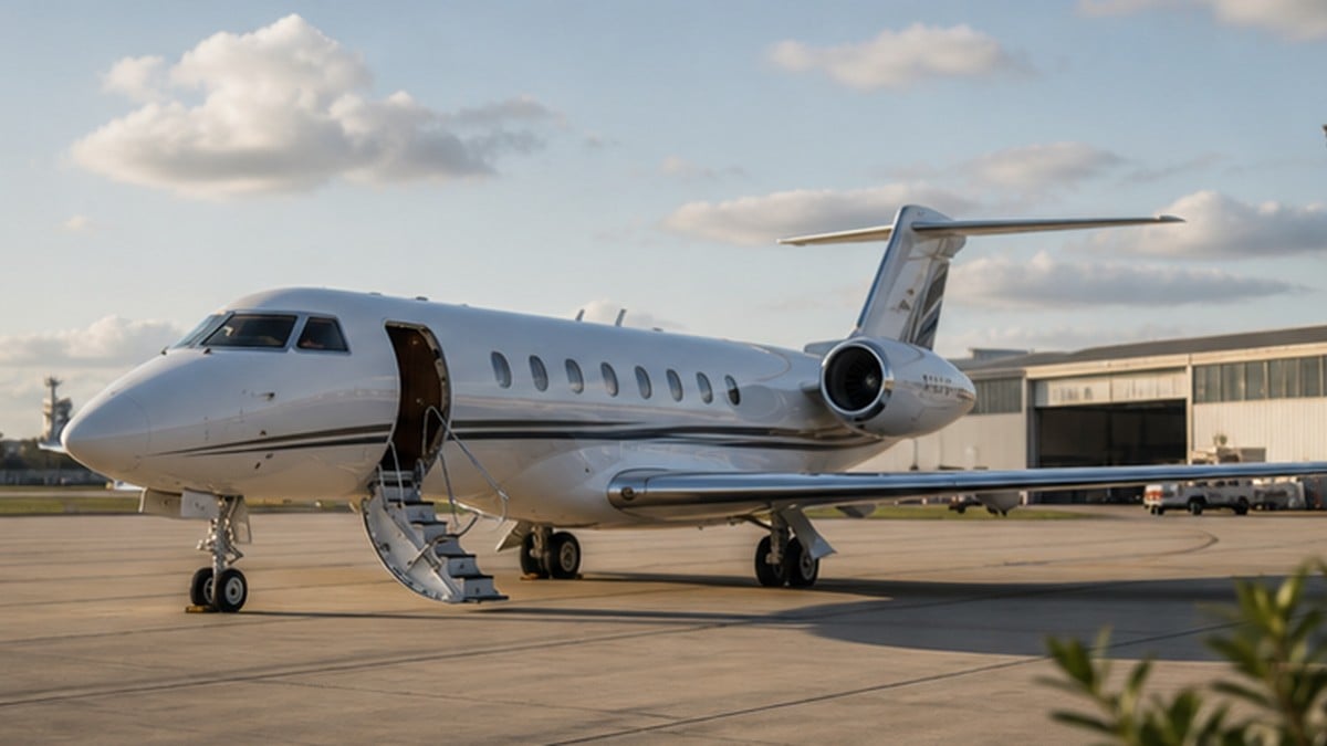 Private jet parked at a regional airport ramp for route planning