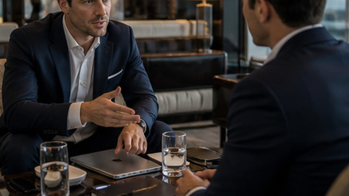 Two male executives discussing airport choice and route assumptions