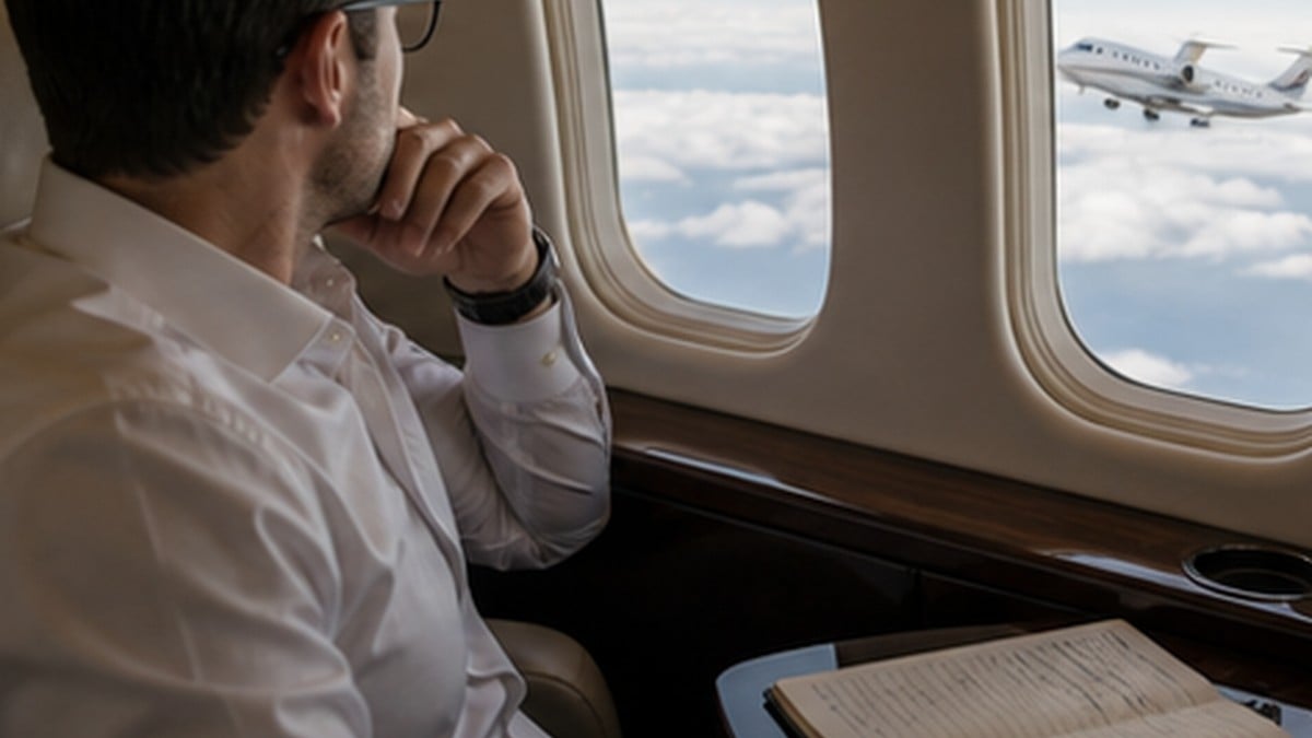 Private jet route planning seen through a cabin window