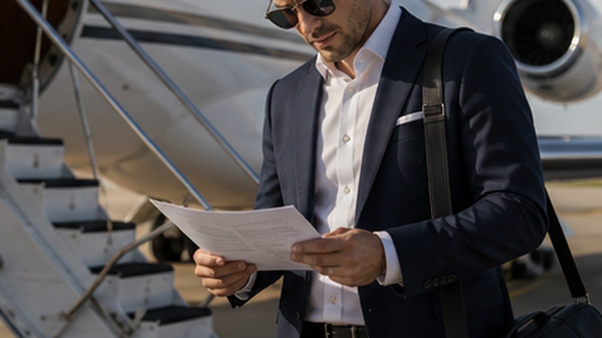 Business traveler reviewing route cost papers beside private jet stairs