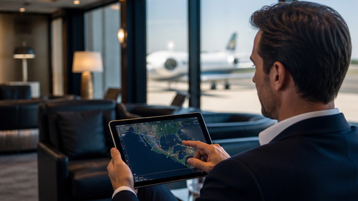 Male executive reviewing aircraft location map in an FBO lounge