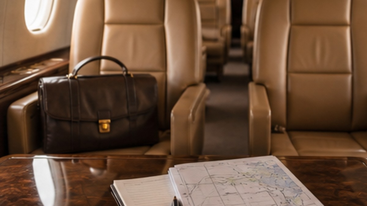 Private jet cabin prepared with briefcase and route notes