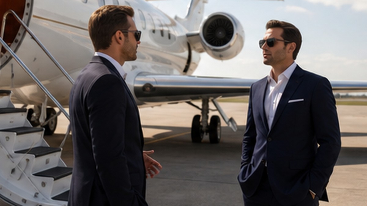 Two male travelers discussing ferry legs beside private jet stairs