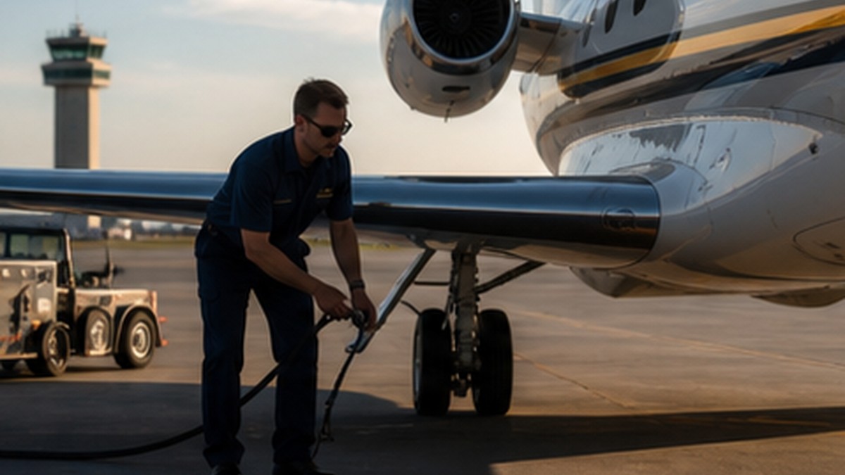 Private jet being prepared at a different airport ramp