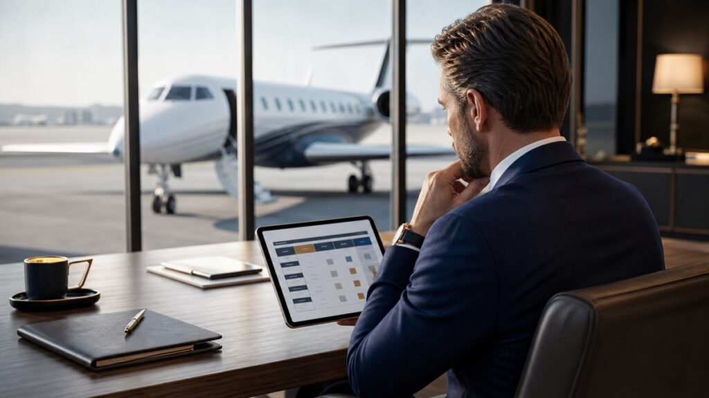 Executive comparing private jet ownership versus charter