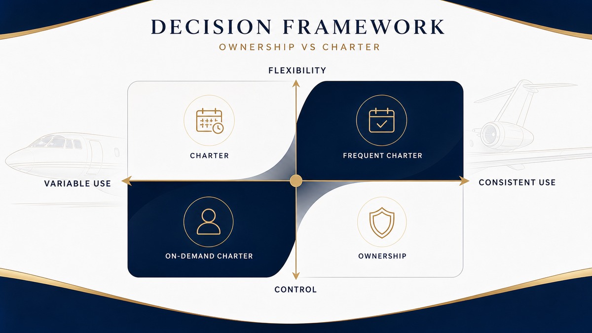 Decision framework comparing private jet ownership and charter