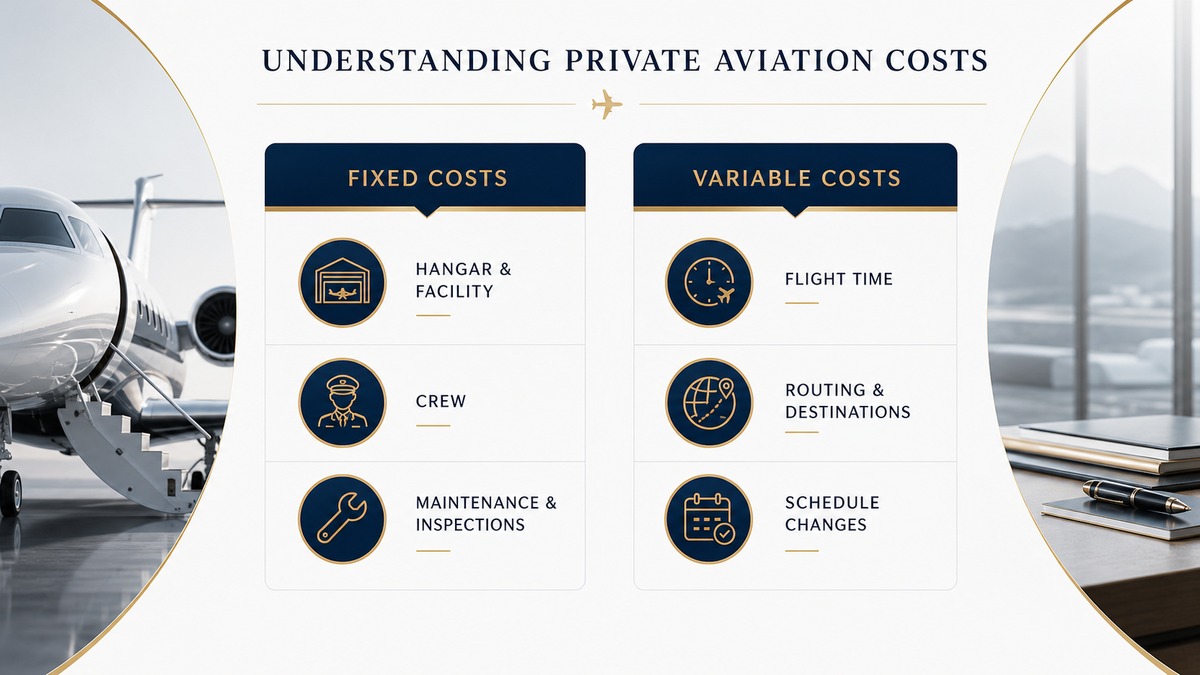 Fixed costs and variable costs that affect private jet ownership and charter decisions