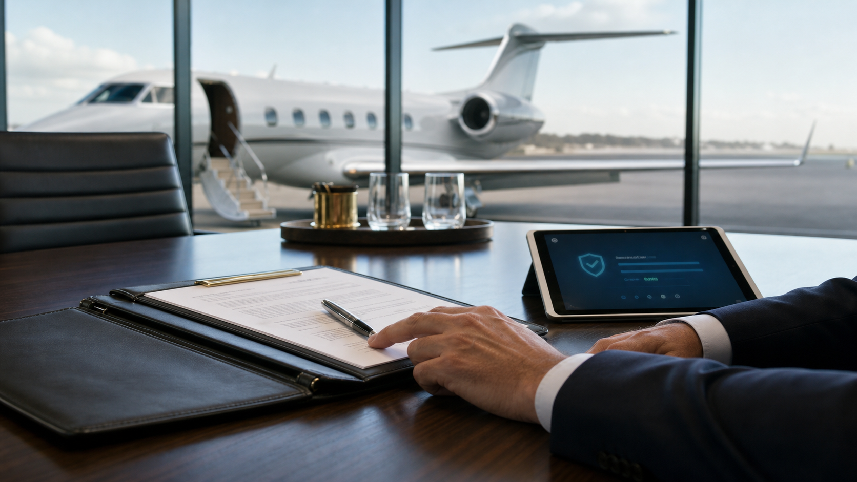 Male executive hands reviewing a private jet charter deposit agreement at an FBO with aircraft outside