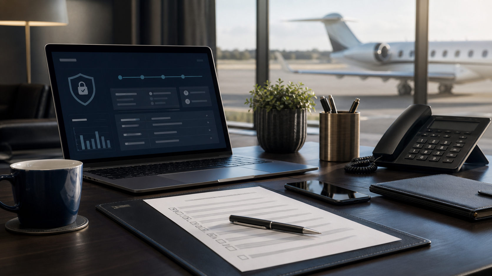 Private jet charter payment verification desk with phone laptop and aircraft outside