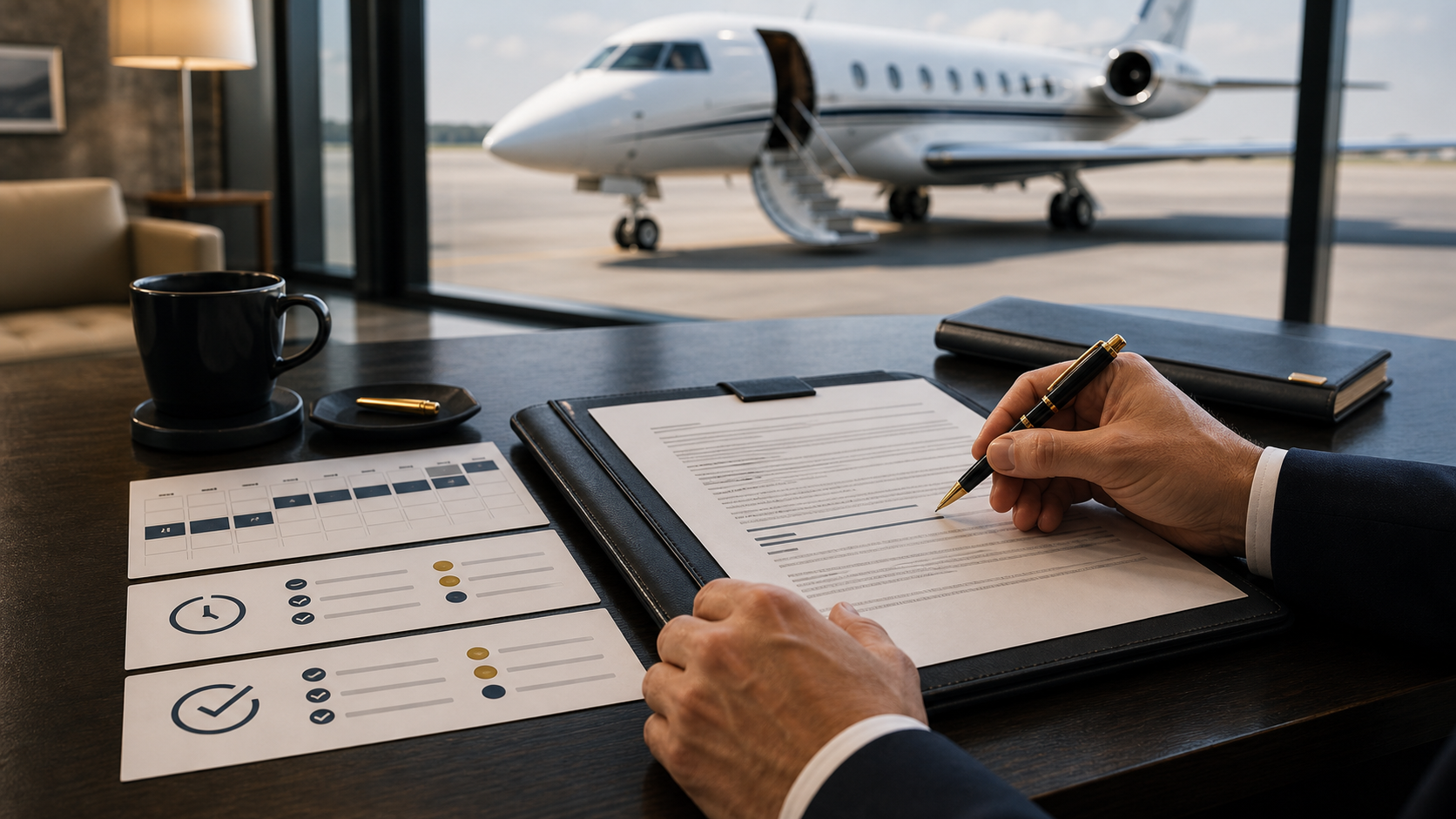 Private jet charter refund and cancellation terms reviewed at an FBO table