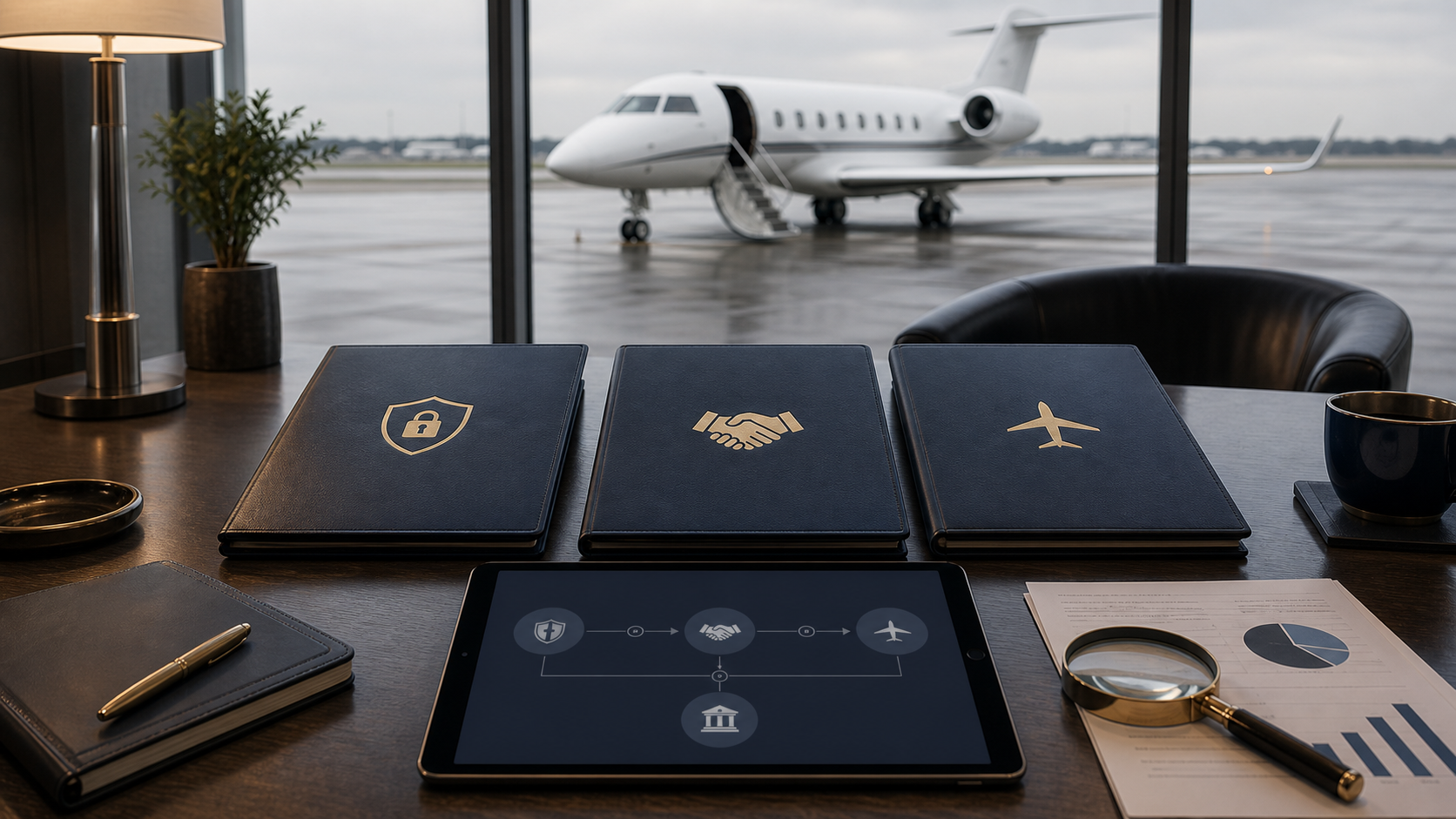 Private jet charter escrow broker and operator payment structure planning scene