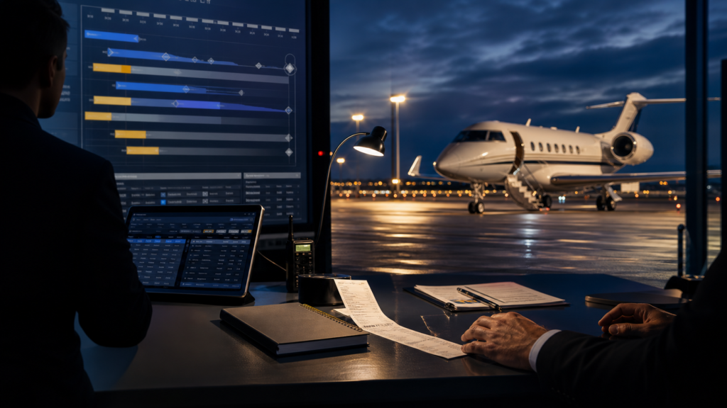 Private jet earlier departure operations desk with schedule timeline and aircraft on ramp