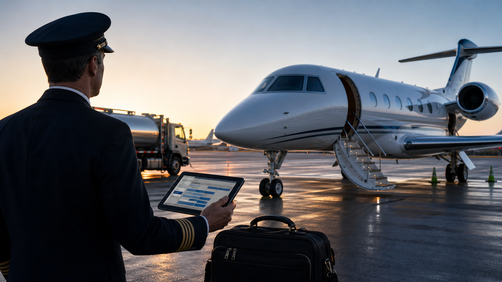 Male pilot and private jet ramp readiness scene before an earlier departure