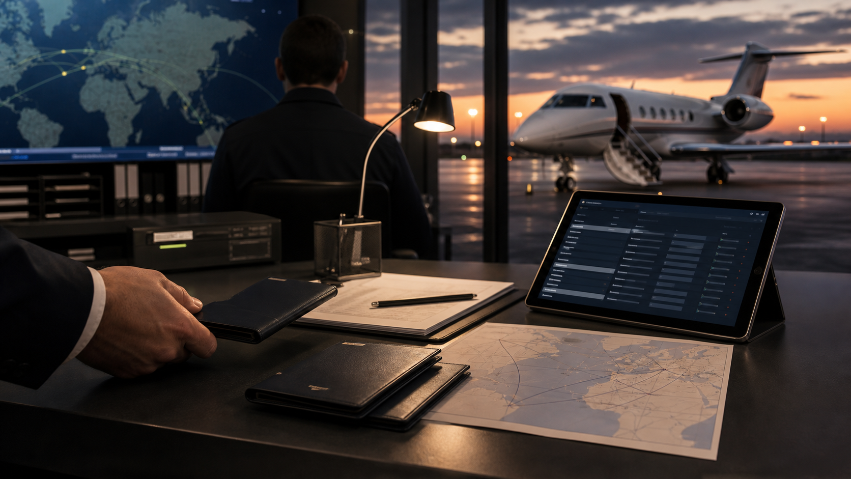 International private jet departure clearance planning with passport wallet and manifest tablet