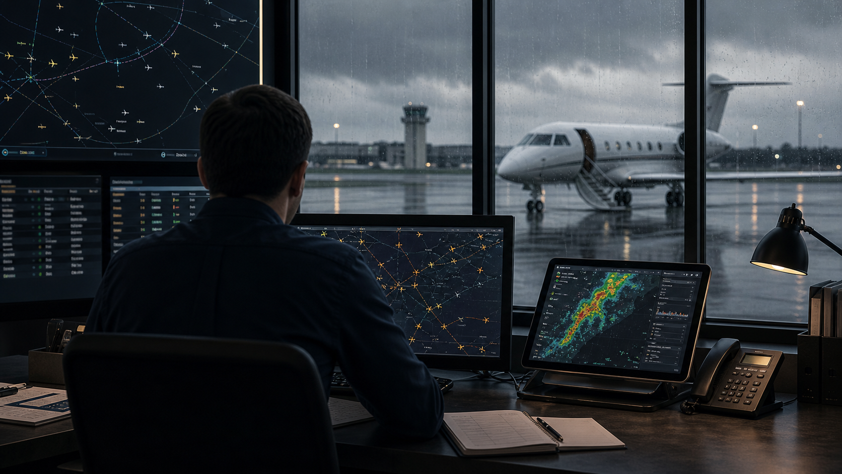 Private jet operations center checking weather and ATC constraints before departure