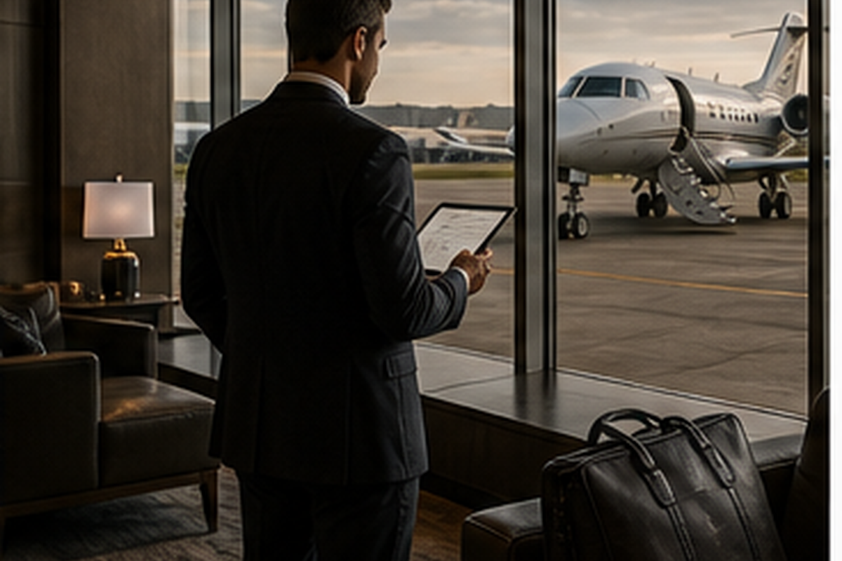 Flexible traveler evaluating an empty leg private jet at an FBO