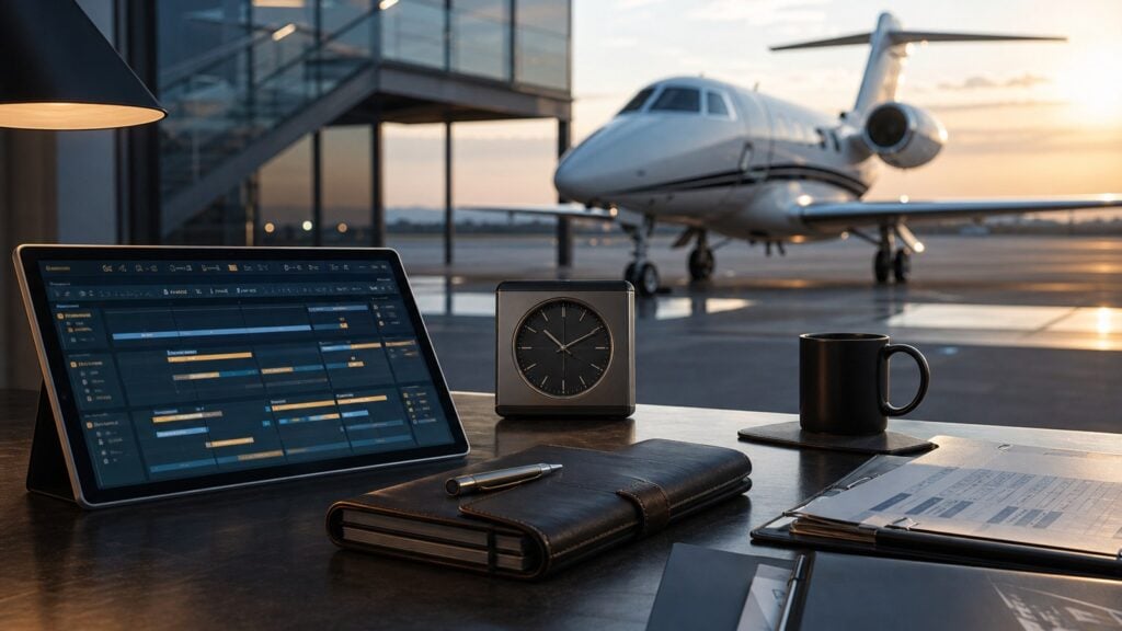 Private jet crew duty time planning at an FBO operations desk with aircraft outside