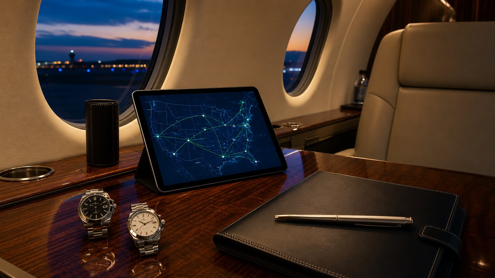 Private jet complex itinerary planning with watches route tablet and cabin table