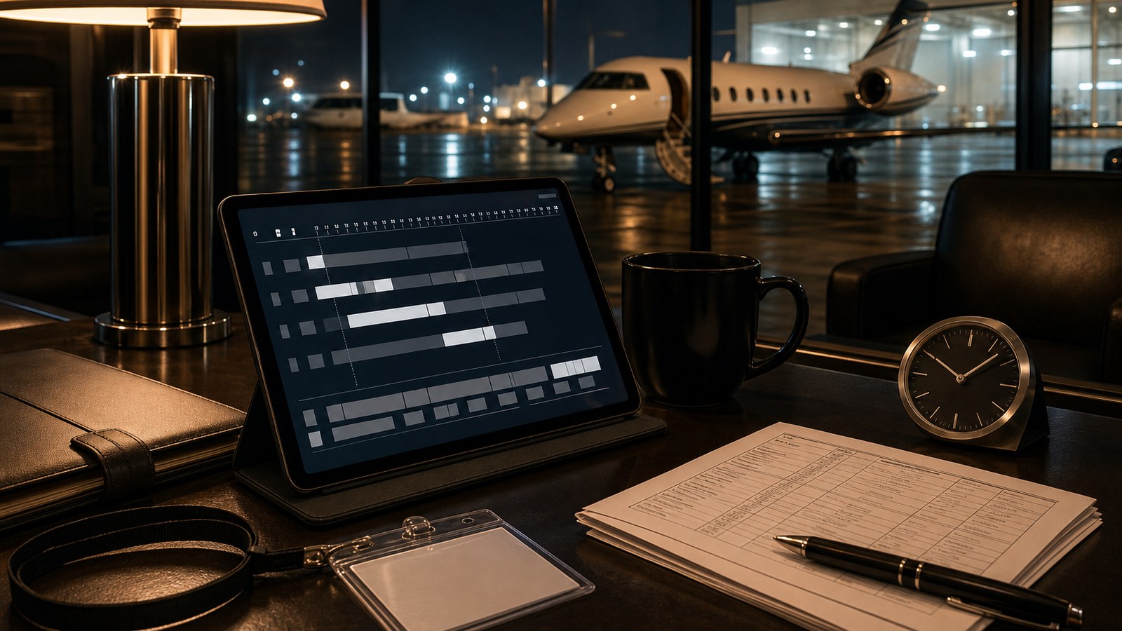 Private jet crew duty limit planning in a quiet FBO lounge at night