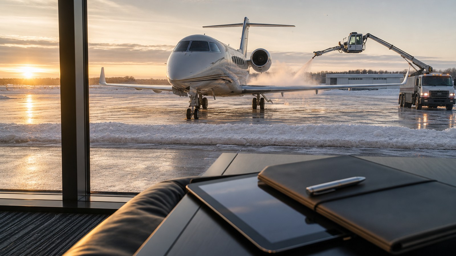 Private jet schedule control planning on a ramp with blank itinerary and aircraft stairs