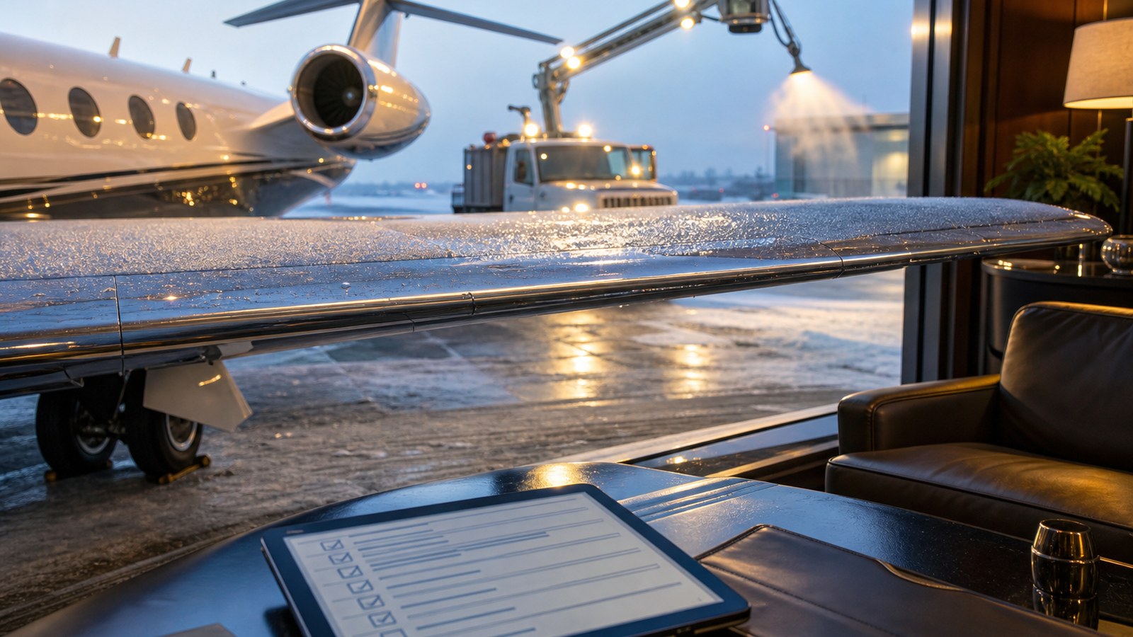 Private jet overnight crew planning with lounge table schedule tablet and aircraft outside