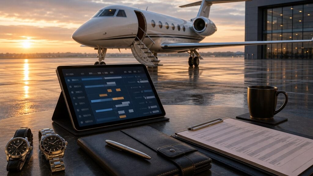 Private jet customs clearance planning with passports manifest tablet and aircraft outside